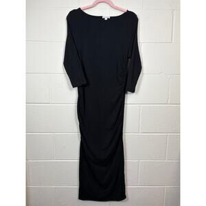 James Perse Maxi Dress Womens Size 4 Black Ruched Long Sleeve Bodycon Knit Goth